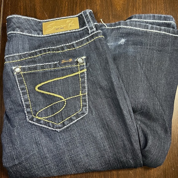 Vtg Seven7 Tulip Bootcut Jeans Women's Sz 32 Dark Wash Flare Distressed Hem READ - Picture 1 of 9